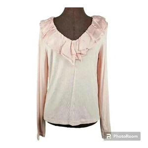 Ralph Lauren LRL Pullover Ruffled Scoop neck Blush Pink LS SHIRT Medium EUC